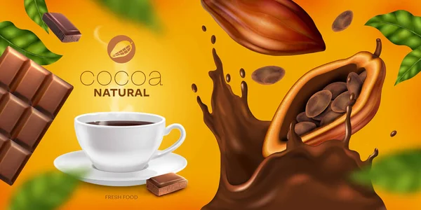 Poster Orizzontale Cacao Naturale Con Tazza Cialde Spruzzi Cioccolata Calda — Vettoriale Stock