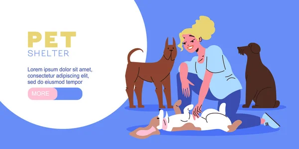 Pet Abrigo Plana Horizontal Website Banner Com Mulher Feliz Brincando — Vetor de Stock