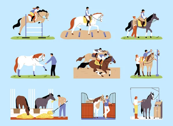 Hästar Och Professionella Jockeyer Deltar Tävlingen Hippodromen Platt Färg Set — Stock vektor