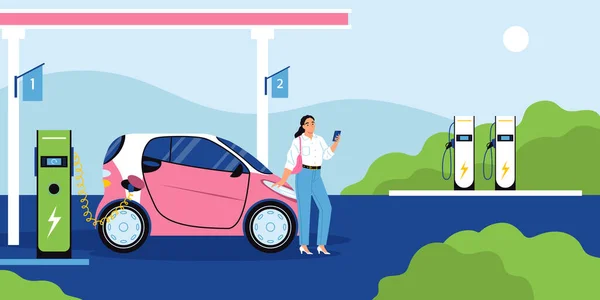 Elektrischer Ökotransport Flacher Hintergrund Mit Frau Die Ihr Elektroauto Ladestation — Stockvektor