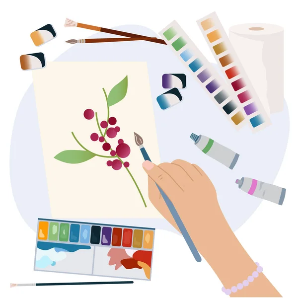 女性の手は 塗料やパレットベクトルイラストのチューブと紙のフラット組成物に絵筆画を保持 — ストックベクタ