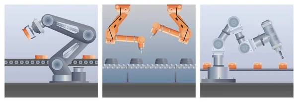 ロボットマニピュレータアームの3つの正方形の構成でセット組立ラインのベクトルイラストのビューで現実的な画像 — ストックベクタ