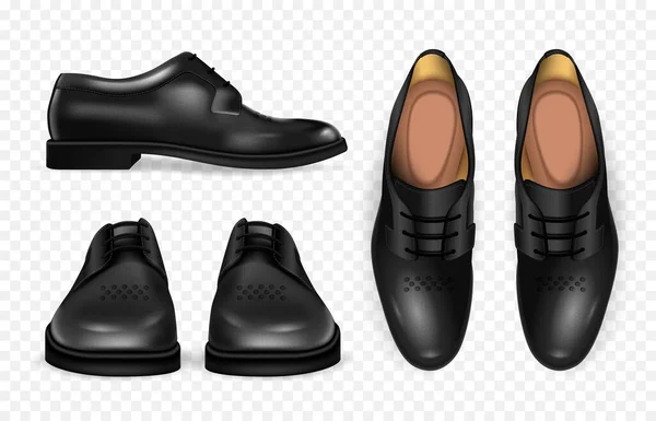 Botas Negras Realistas Set Transparente Con Símbolos Calzado Ilustración Vectorial — Vector de stock