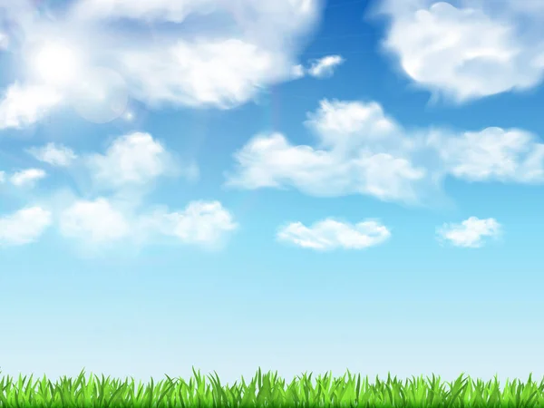 雲と草のベクトルのイラストと空の現実的な風景 — ストックベクタ