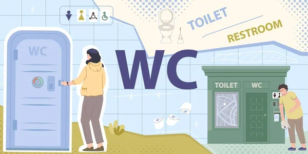 Çeşitli Tuvalet Tipleri Cinsiyet Tabelaları Olan Umumi Tuvalet Düz Kolajı — Stok Vektör