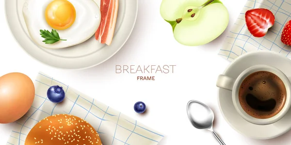 Realistische Köstliche Frühstück Horizontal Rahmen Mit Spiegelei Mit Speck Apfelbeeren — Stockvektor
