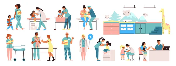 Set Pediatrico Con Pediatri Amichevoli Che Esaminano Neonati Bambini Illustrazione — Vettoriale Stock