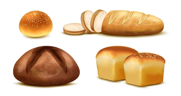 Pekařský Realistický Set Pšeničným Žitným Chlebem Krájený Bochník Houska Sezamem — Stockový vektor