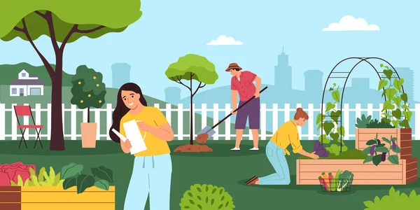 市民在公园内种植和浇灌花卉 挖树的社区花园平面病媒图解 — 图库矢量图片