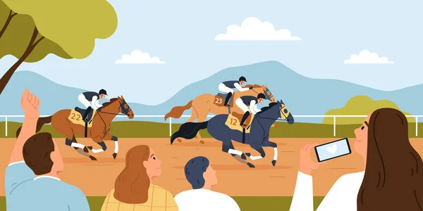 Competição Cavalos Fundo Plano Com Concorrentes Torcedores Personagens Ilustração Vetor —  Vetores de Stock