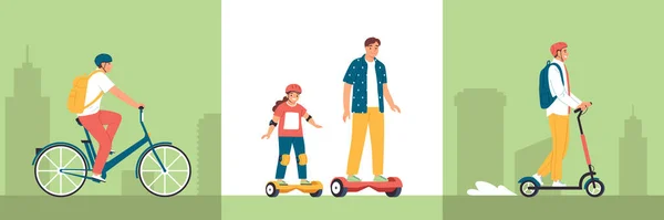 生态交通三平方构图 成人和儿童乘坐摩托车陀螺摩托车矢量图解 — 图库矢量图片