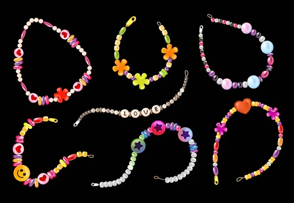 Realistisches Hippie Armband Mit Isolierten Bildern Von String Love Perlen — Stockvektor