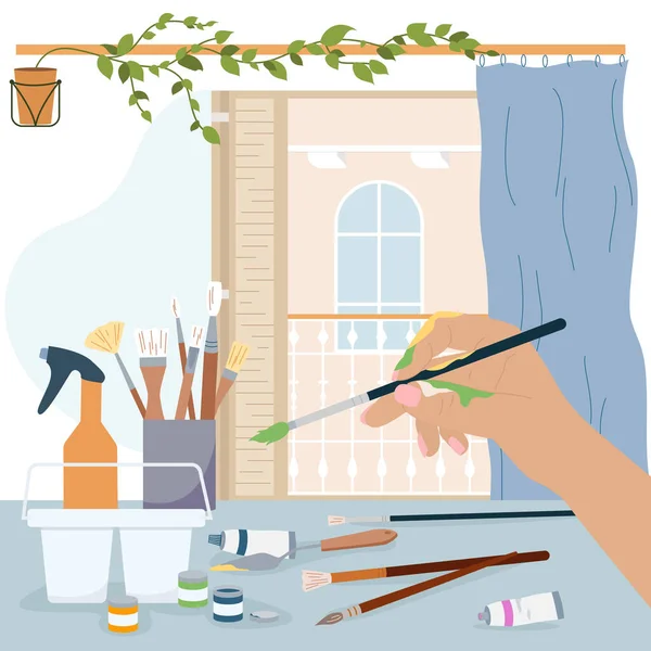 Γυναικεία Καλλιτέχνιδα Χέρι Κρατώντας Paintbrush Επίπεδη Σύνθεση Λάδι Και Gouache — Διανυσματικό Αρχείο