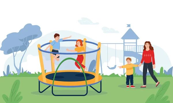 Kinderen Springen Trampoline Speeltuin Platte Vector Illustratie — Stockvector