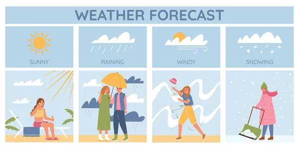太陽の雨風と雪のベクトル図で歩く人々と平らなスタイルで天気予報インフォグラフィック — ストックベクタ