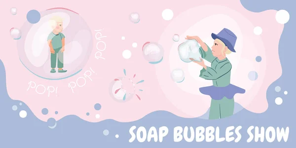 Burbujas Jabón Muestran Composición Con Collage Iconos Planos Garabatos Personajes — Vector de stock