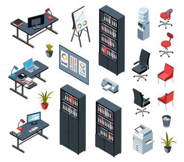 Ofis içi izometrik set kitaplık masa koltuğu su soğutucu izole ikonlar vektör illüstrasyonu