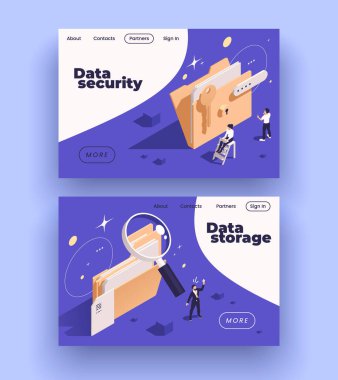 Veri yönetimi konsepti, tıklanabilir linkler ve metin vektör illüstrasyonlu web sitesi iniş sayfalarının izometrik set simgeleri