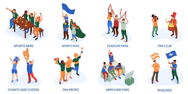 Isometric Sport Fans Set Isolated Compositions Characters Fans Props Flags — Stock Vector