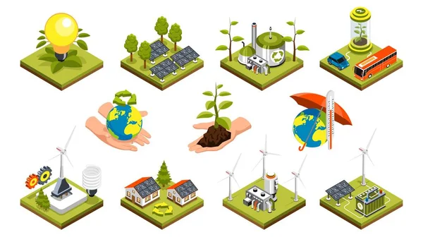 Iconos Isométricos Ecología Establecidos Tema Energía Verde Planeta Limpio Eco — Archivo Imágenes Vectoriales
