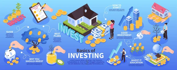 Infographie Investissement Isométrique Avec Icônes Conceptuelles Isolées Propriété Argent Avec — Image vectorielle