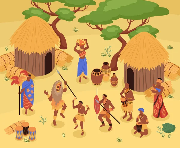 Composition Peuple Africain Isométrique Avec Paysage Extérieur Vue Village Tribal — Image vectorielle