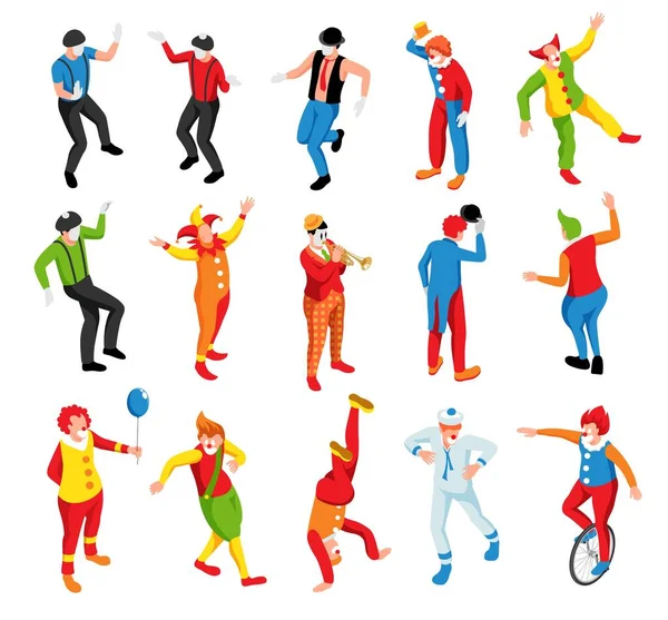 Isometrische Set Van Clowns Mimespelers Kleurrijke Kostuums Geïsoleerde Vectorillustratie — Stockvector