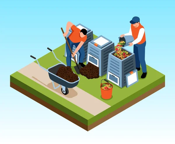 Männliche Gärtner Machen Und Verwenden Kompost Isometrisch Isoliert Auf Blauem — Stockvektor