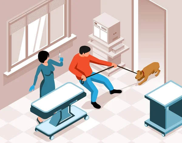 Veterinary Clinic Female Doctor Holding Syringe Dog Pulling Leash Afraid — Stock Vector