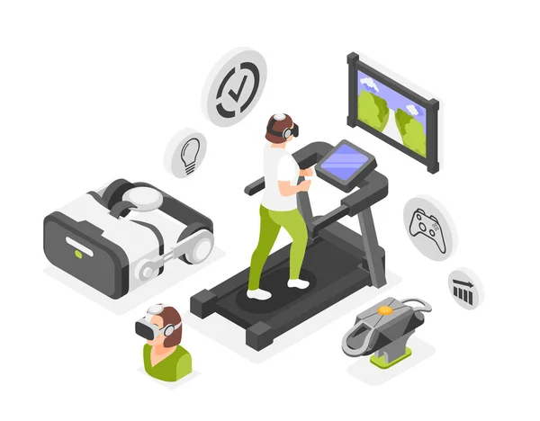 Sports Trainings Isometric Colored Composition Girl Running Treadmill Wearing Virtual — Stock Vector