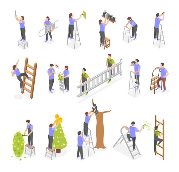 People Using Ladder Various Purposes Isometric Icons Collection Isolated Vector — Stock Vector