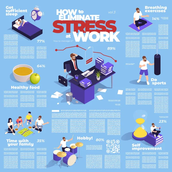Ufficio Persone Infografica Isometrica Con Lavoro Simboli Stress Vettoriale Illustrazione — Vettoriale Stock