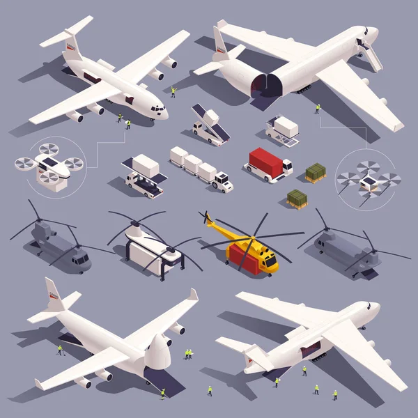 Icônes Isométriques Fret Aérien Avec Symboles Logistiques Avion Illustration Vectorielle — Image vectorielle