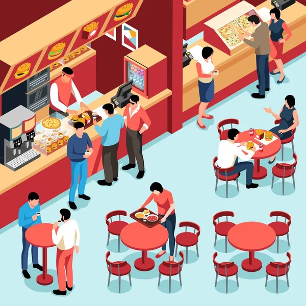 Persone Che Visitano Food Court Mangiare Hamburger Patatine Panini Zuppa — Vettoriale Stock