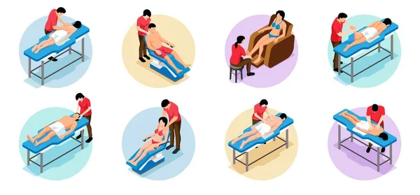 Isometric Massage Set Compositions Icons Patient Clients Physical Specialists Giving — Stock Vector