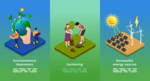 Infografías Conciencia Ecológica Con Personas Plantando Árboles Utilizando Fuentes Alternativas — Archivo Imágenes Vectoriales
