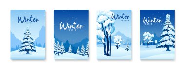 Kar yığınları ve noel ağaçları izole edilmiş vektör illüstrasyonlu kış posterleri.