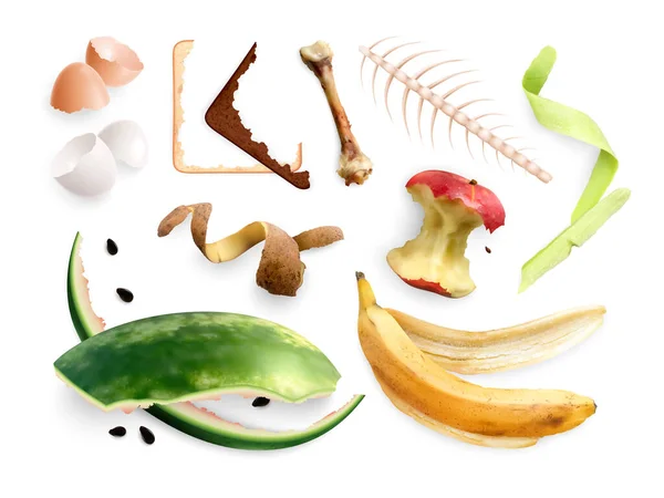 Απόβλητα Τροφίμων Μεμονωμένες Ρεαλιστικές Εικόνες Οργανικών Υπολειμμάτων Και Υπολειμμάτων Τροφίμων — Διανυσματικό Αρχείο