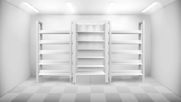 3つの空の棚および天井ライトの現実的なベクターのイラストが付いている白い色の店の内部 — ストックベクタ