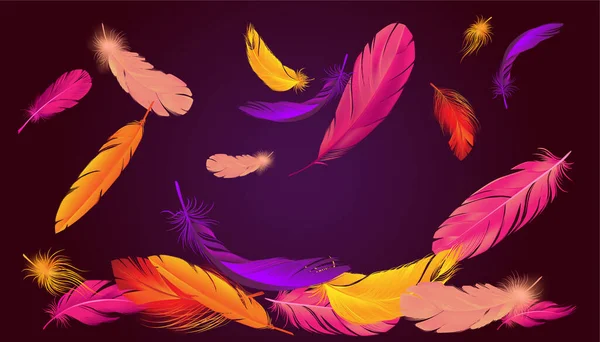 さまざまな形状とサイズベクターイラストのネオン色の鳥羽の落下のイメージと現実的な羽の構成 — ストックベクタ