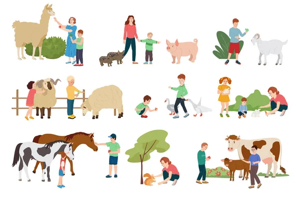 屋外の農場動物と交流する大人と子供のコンタクトファームフラット構成図 — ストックベクタ