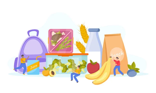 Lunchbox Flache Zusammensetzung Von Doodle Menschlichen Charakteren Verschiedene Mahlzeiten Und — Stockvektor