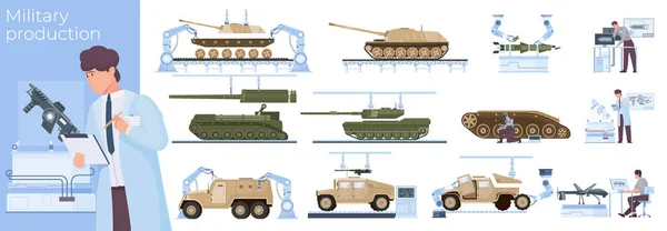 Militaire Productie Platte Samenstelling Met Tanks Gepantserde Vechtvoertuigen Raketten Drones — Stockvector
