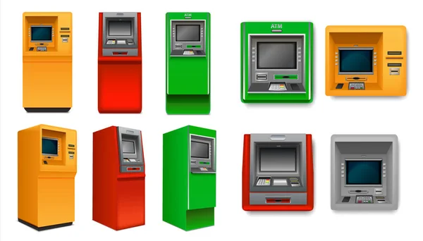 Yellow Red Green Atm Machine Realistis Set Different Sides Isolated - Stok Vektor