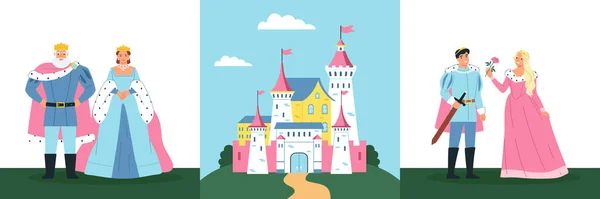 屋外の城の風景と王妃とプリンセスベクターのイラストのキャラクターとの3つの正方形の構成のセット — ストックベクタ