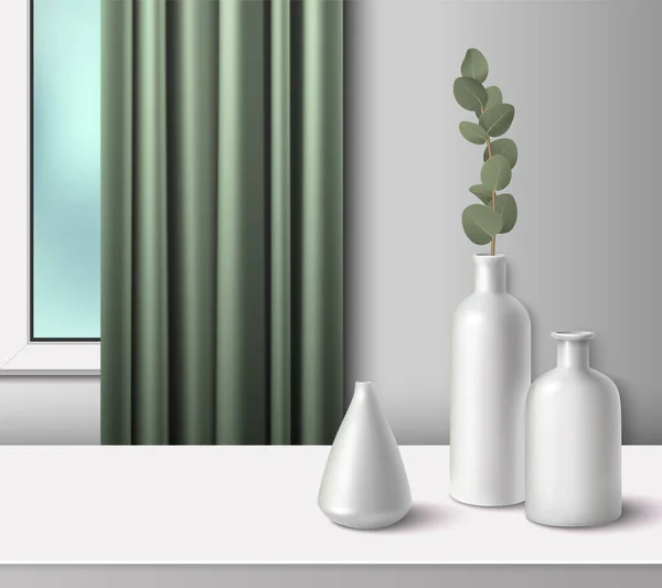 Witte Keramische Porseleinen Vazen Moderne Ruimte Interieur Realistische Compositie Vector — Stockvector