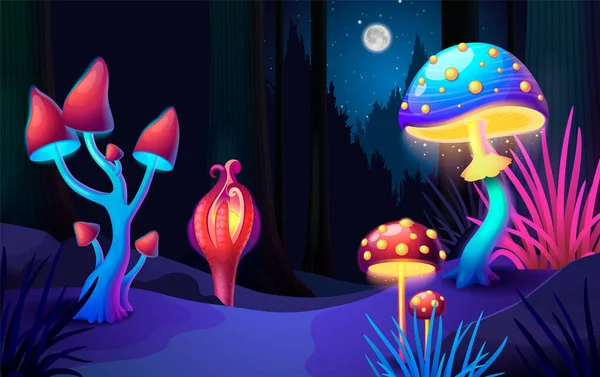 Funghi Magici Che Crescono Buio Notte Foresta Cartoni Animati Sfondo — Vettoriale Stock