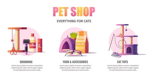 Pet Shop Everything Cats Cartoon Infographics Accessories Grooming Food Toys — Stock Vector