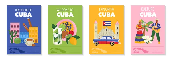 Cuba Tradizioni Cultura Colorati Poster Verticali Con Cucina Cubana Persone — Vettoriale Stock