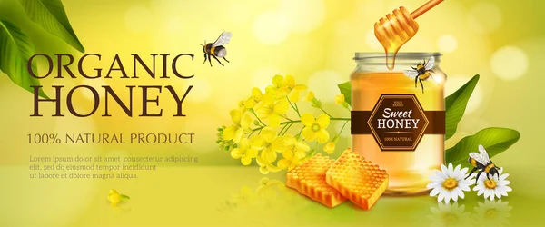写实的蜜蜂海报 印有华丽的文字和玻璃瓶 附有花朵和蜜蜂病媒图解 — 图库矢量图片